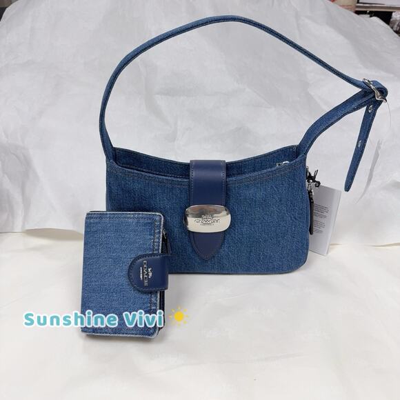 NWT Bundle Coach Eliza Shoulder Bag Denim CAK45 & CAO96 Wallet Silver /Indigo - Picture 1 of 16